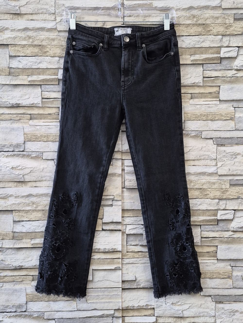 ​Free People Jeans Women's 26 Black Starlight Medallion Embroidered Crop Boho